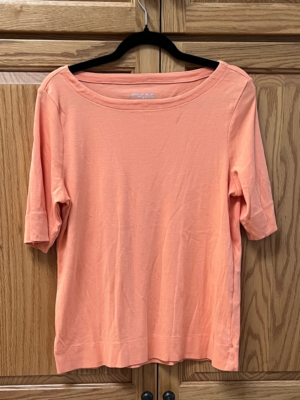 Chico's Coral Short-Sleeve Boatneck Top, GUC, Size 2